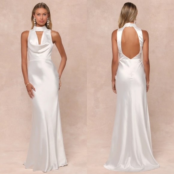 Lulus Gorgeous Vow White Satin Mock Neck Cowl Mermaid Maxi Dress S Wedding Party - Picture 1 of 11